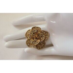 Beautiful Vintage Amber and Clear Crystal Accented Gold Floral Collar Pin Brooch